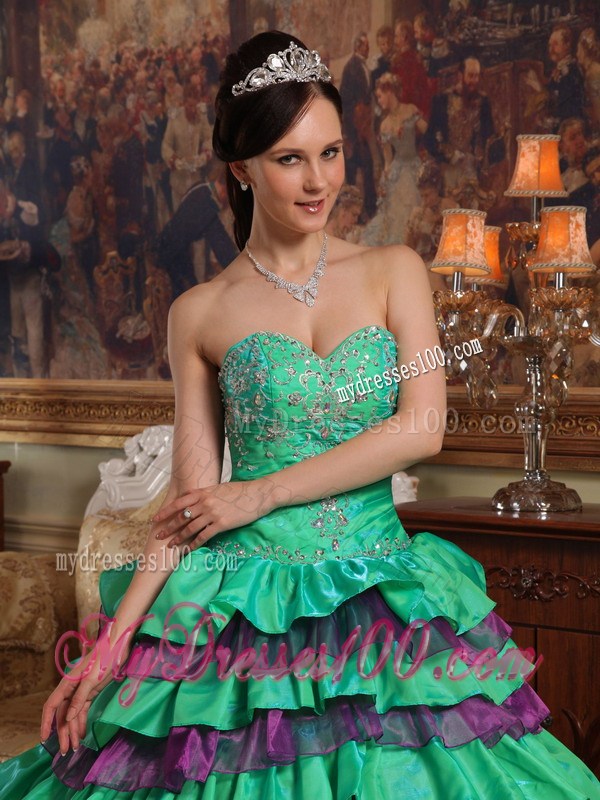 Green Puffy Quinceanera Dress with Purple Rushed Hem