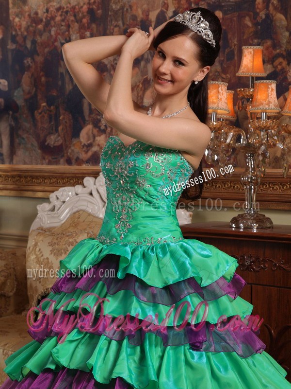 Green Puffy Quinceanera Dress with Purple Rushed Hem