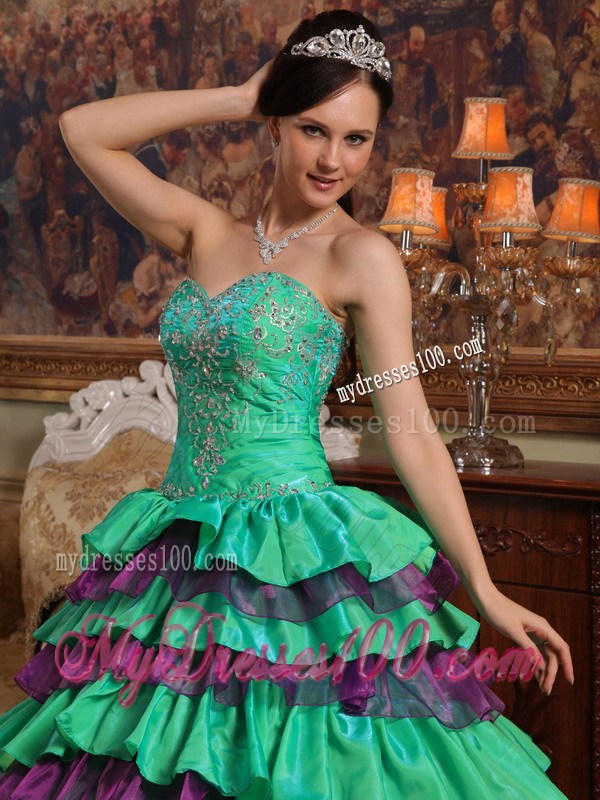 Green Puffy Quinceanera Dress with Purple Rushed Hem