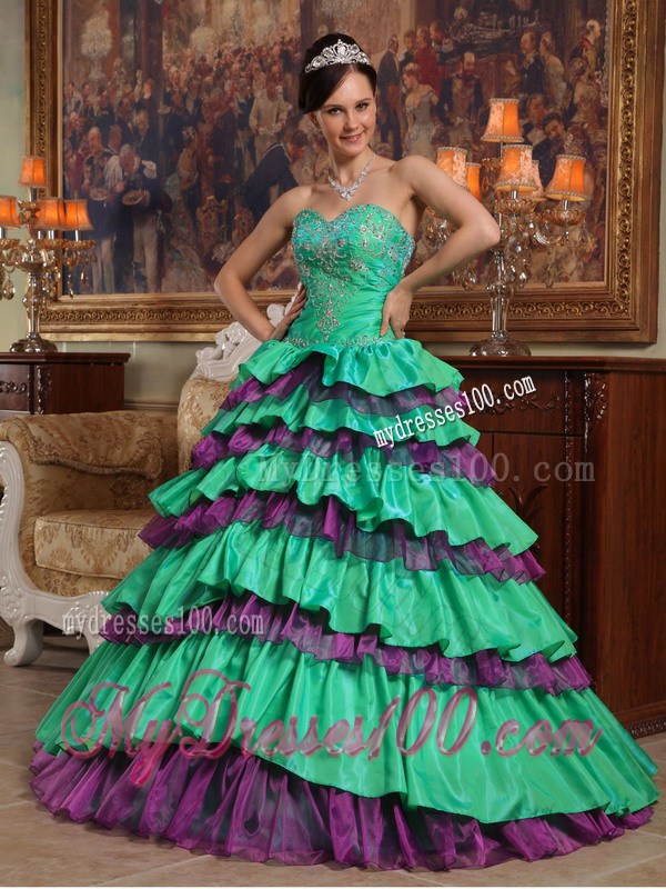 Green Puffy Quinceanera Dress with Purple Rushed Hem