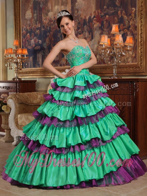 Green Puffy Quinceanera Dress with Purple Rushed Hem