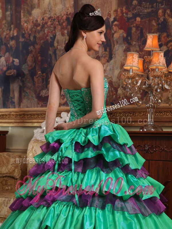 Green Puffy Quinceanera Dress with Purple Rushed Hem