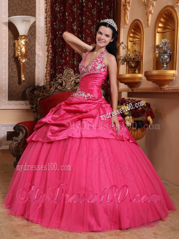 Halter Top Taffeta Puffy Ball Gown Quince Dress in Hot Pink
