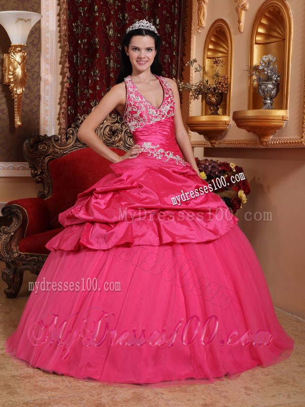 Halter Top Taffeta Puffy Ball Gown Quince Dress in Hot Pink