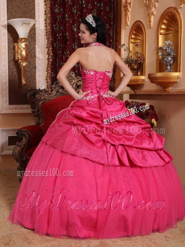 Halter Top Taffeta Puffy Ball Gown Quince Dress in Hot Pink