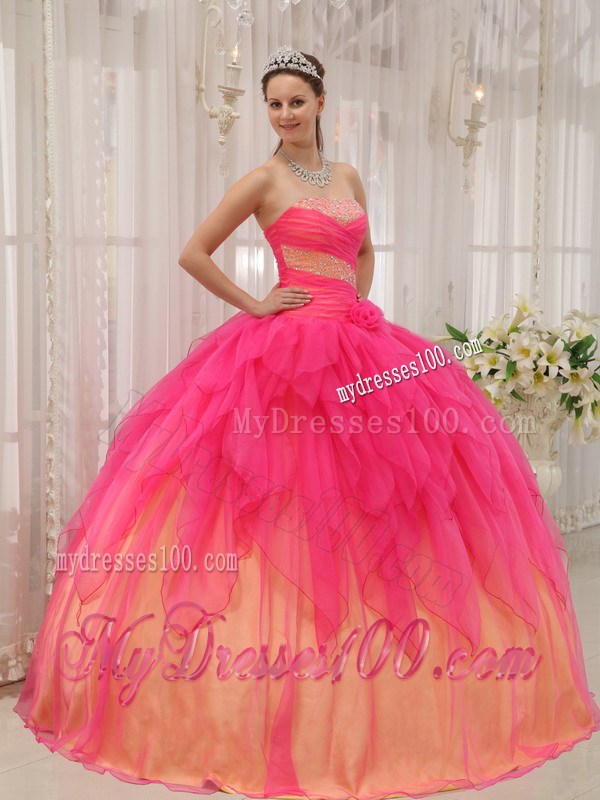 Hot Pink and Champagne Puffy Floor-length Dresses for Quince
