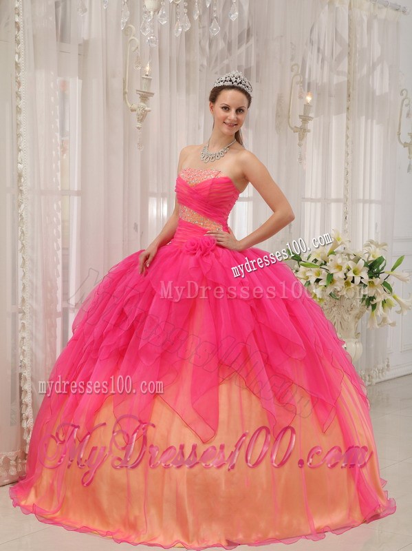 Hot Pink and Champagne Puffy Floor-length Dresses for Quince