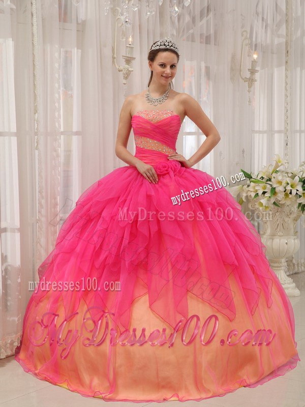 Hot Pink and Champagne Puffy Floor-length Dresses for Quince