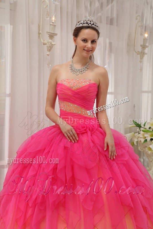 Hot Pink and Champagne Puffy Floor-length Dresses for Quince