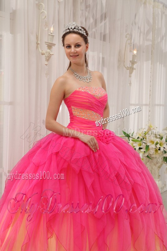 Hot Pink and Champagne Puffy Floor-length Dresses for Quince
