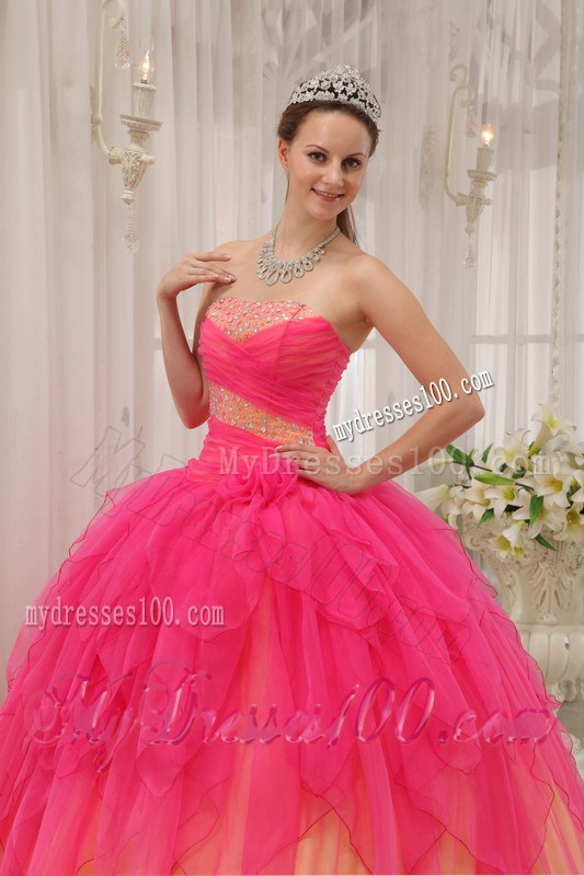 Hot Pink and Champagne Puffy Floor-length Dresses for Quince