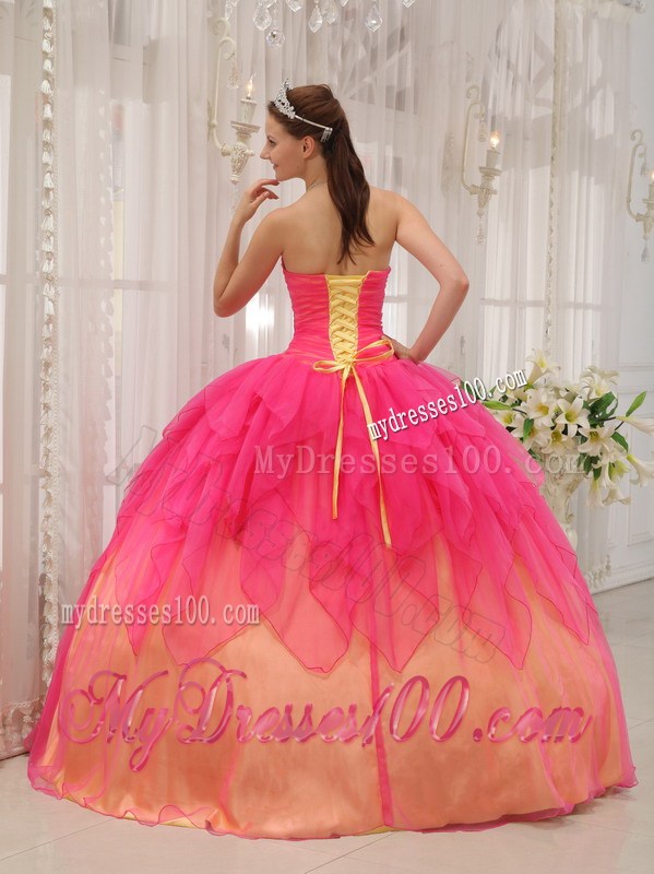 Hot Pink and Champagne Puffy Floor-length Dresses for Quince