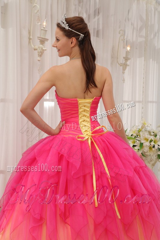 Hot Pink and Champagne Puffy Floor-length Dresses for Quince