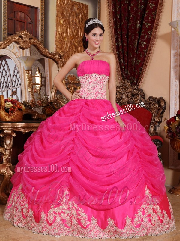 Hot Pink Puffy Ball Gown with White Lace Hem Quince Dresses
