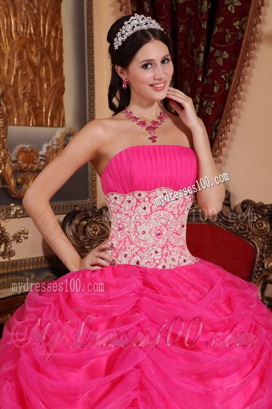 Hot Pink Puffy Ball Gown with White Lace Hem Quince Dresses