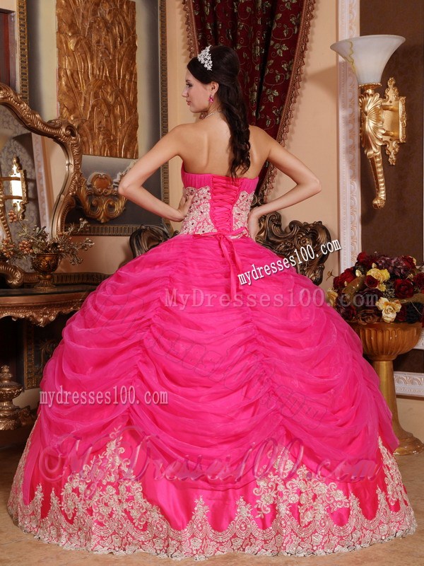 Hot Pink Puffy Ball Gown with White Lace Hem Quince Dresses