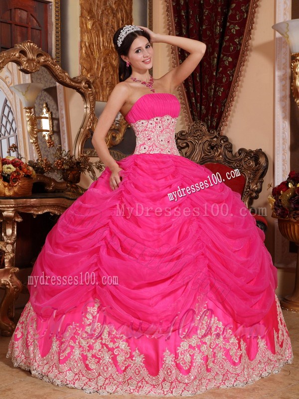 Hot Pink Puffy Ball Gown with White Lace Hem Quince Dresses