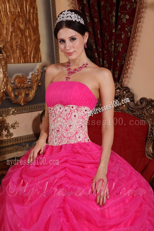 Hot Pink Puffy Ball Gown with White Lace Hem Quince Dresses