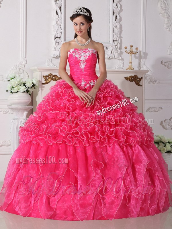 Hot Pink Strapless Quinceanera Dress with Embroidery and Beading