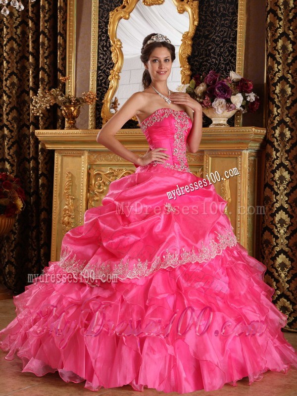 White Lace Hem Puffy Ball Gown Quince Dress in Hot Pink Discount