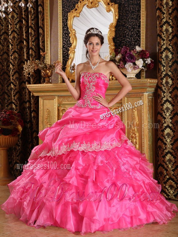 White Lace Hem Puffy Ball Gown Quince Dress in Hot Pink Discount
