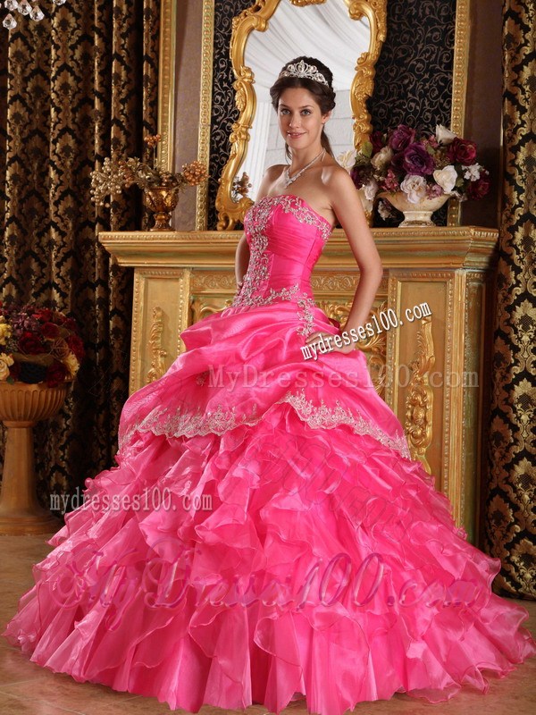 White Lace Hem Puffy Ball Gown Quince Dress in Hot Pink Discount
