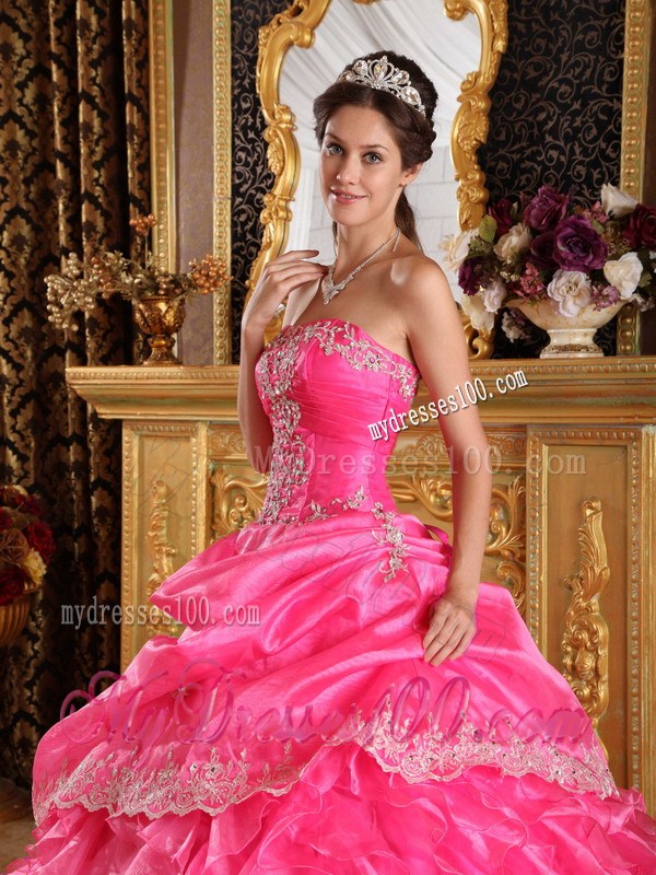 White Lace Hem Puffy Ball Gown Quince Dress in Hot Pink Discount