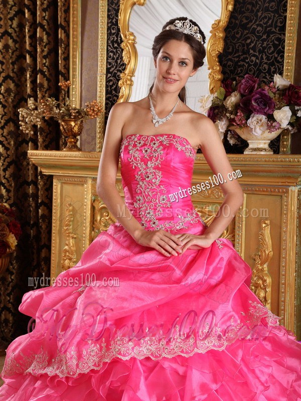 White Lace Hem Puffy Ball Gown Quince Dress in Hot Pink Discount