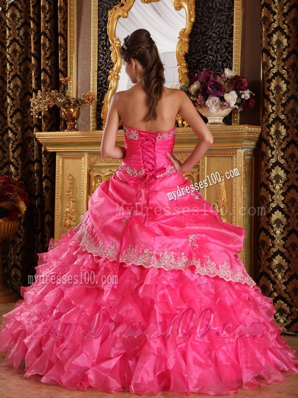 White Lace Hem Puffy Ball Gown Quince Dress in Hot Pink Discount