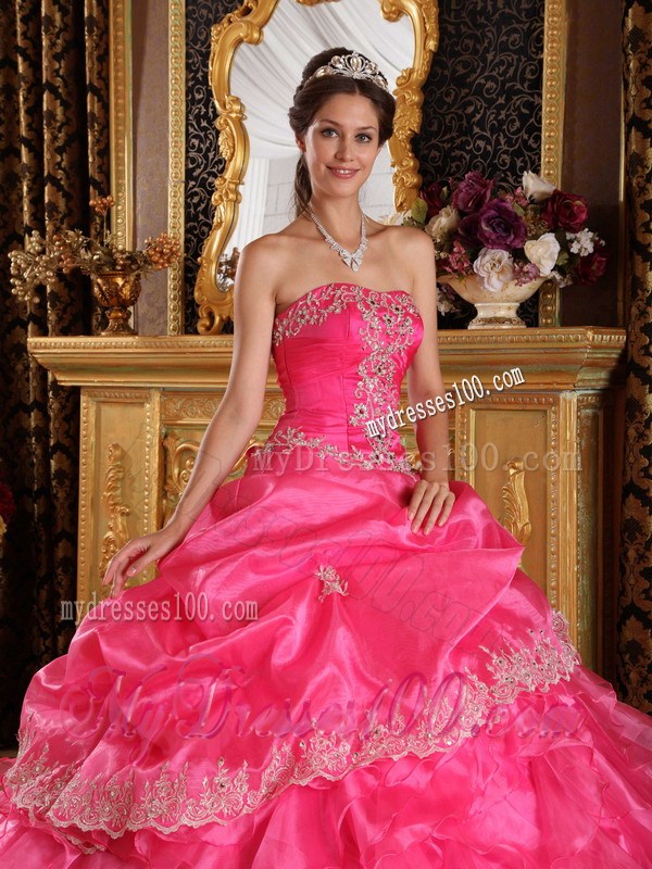 White Lace Hem Puffy Ball Gown Quince Dress in Hot Pink Discount