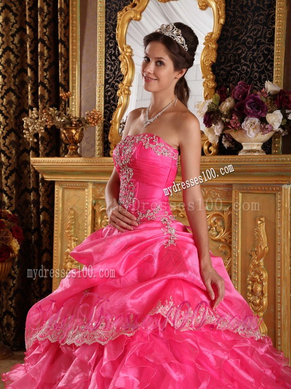 White Lace Hem Puffy Ball Gown Quince Dress in Hot Pink Discount