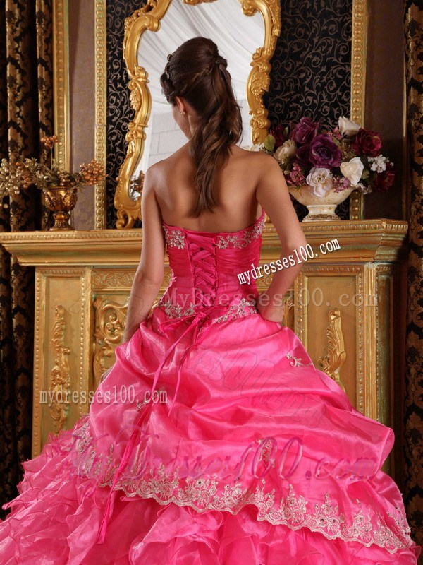 White Lace Hem Puffy Ball Gown Quince Dress in Hot Pink Discount