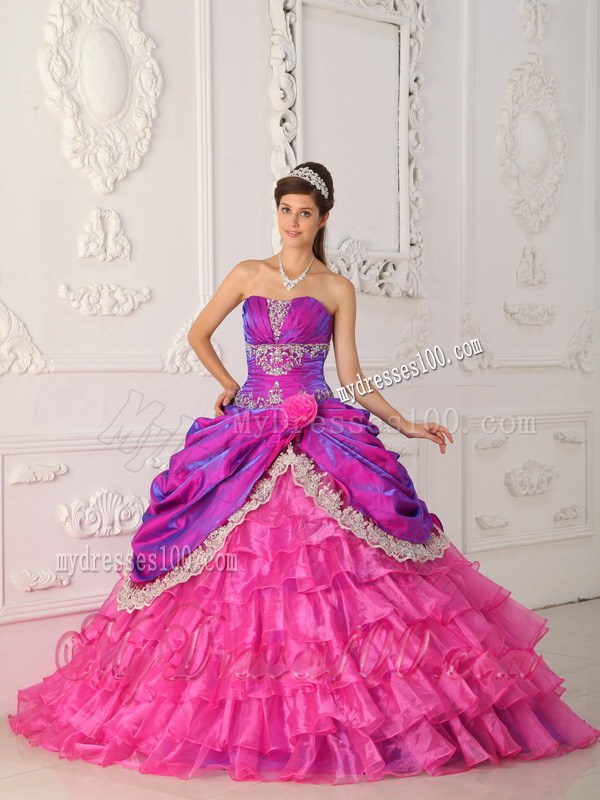 Hot Pink and Purple Ruched Dresses for Quince with Lace Hem