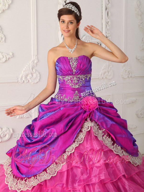 Hot Pink and Purple Ruched Dresses for Quince with Lace Hem