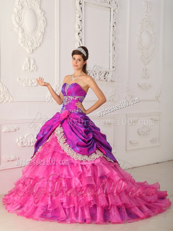 Hot Pink and Purple Ruched Dresses for Quince with Lace Hem