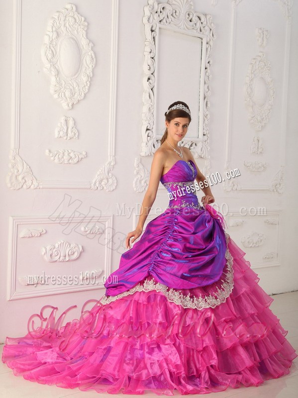 Hot Pink and Purple Ruched Dresses for Quince with Lace Hem