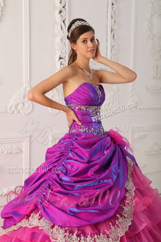 Hot Pink and Purple Ruched Dresses for Quince with Lace Hem