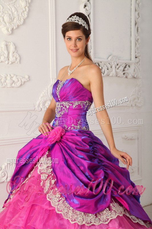 Hot Pink and Purple Ruched Dresses for Quince with Lace Hem