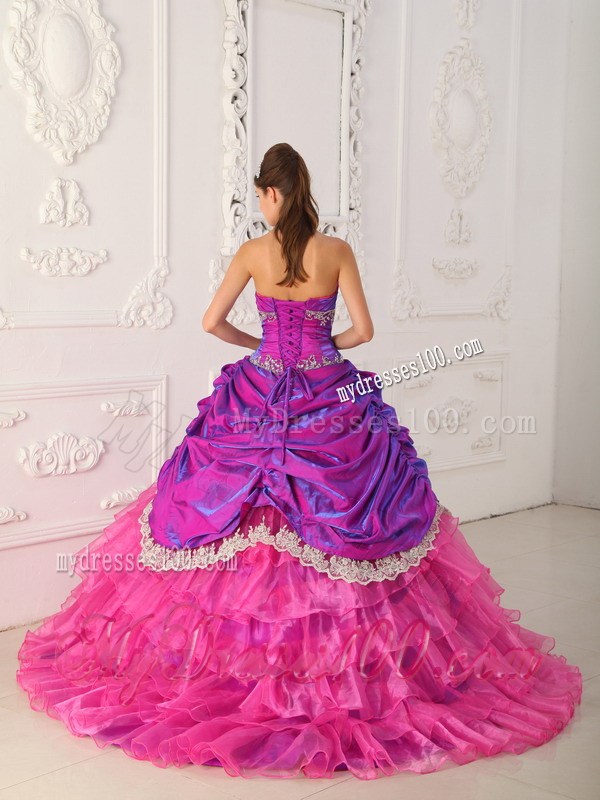 Hot Pink and Purple Ruched Dresses for Quince with Lace Hem