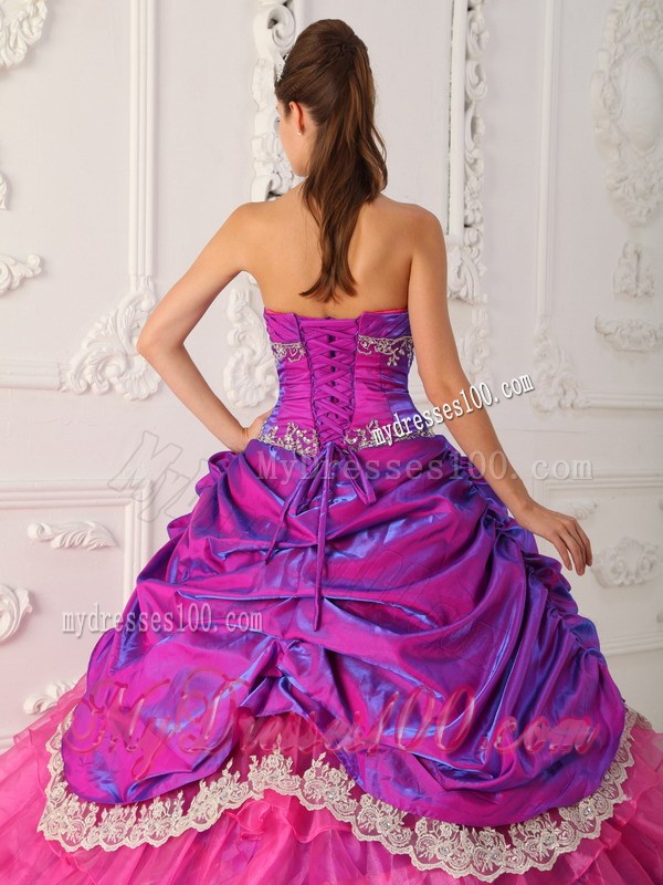 Hot Pink and Purple Ruched Dresses for Quince with Lace Hem