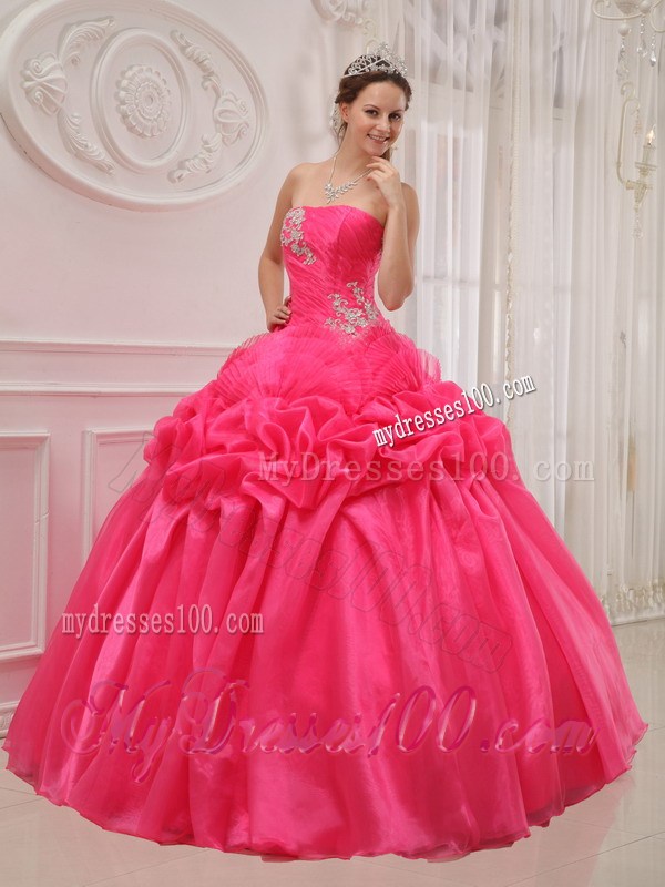 Hot Pink Organza Qinceanera Dress with Pick-ups and White Back