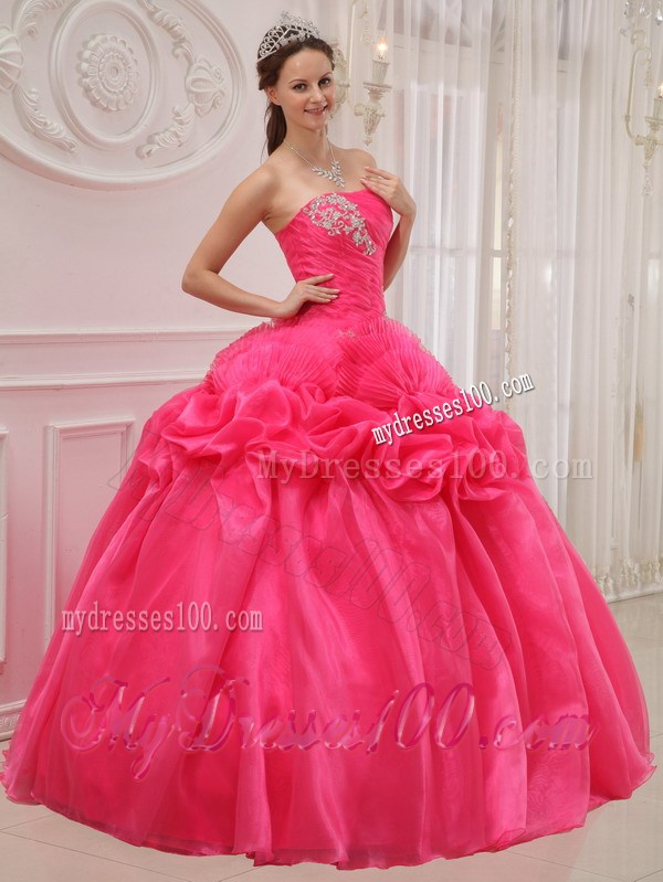 Hot Pink Organza Qinceanera Dress with Pick-ups and White Back