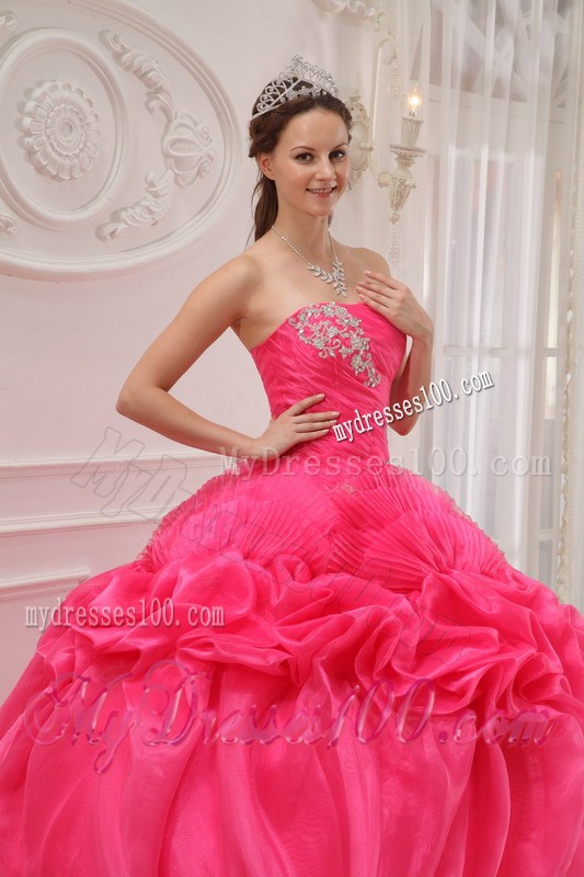 Hot Pink Organza Qinceanera Dress with Pick-ups and White Back