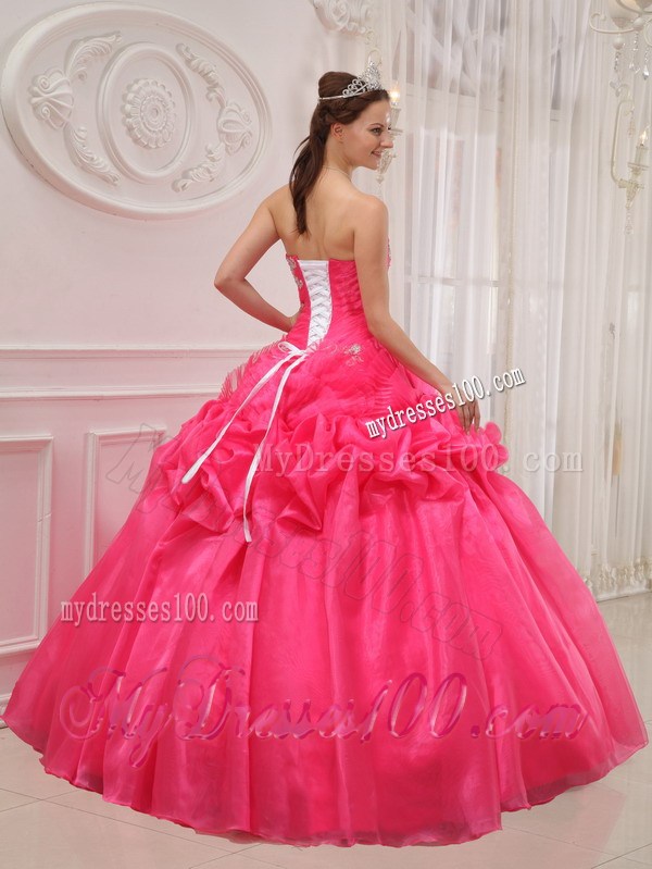Hot Pink Organza Qinceanera Dress with Pick-ups and White Back