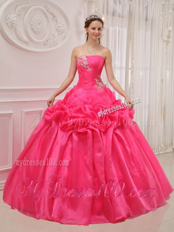 Hot Pink Organza Qinceanera Dress with Pick-ups and White Back