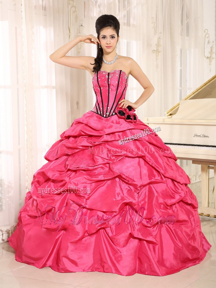 Hot Pink Beaded and Hand Flowers Quinceanera Dress With Pick-ups