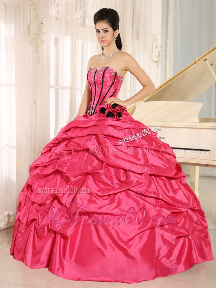 Hot Pink Beaded and Hand Flowers Quinceanera Dress With Pick-ups
