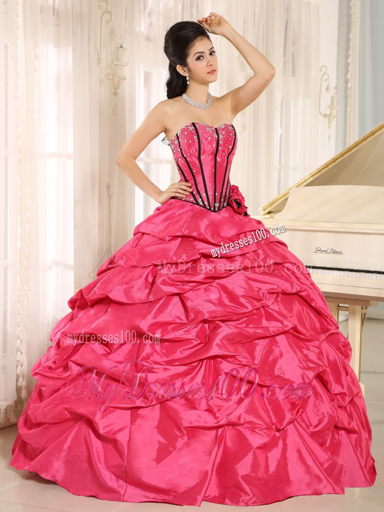Hot Pink Beaded and Hand Flowers Quinceanera Dress With Pick-ups
