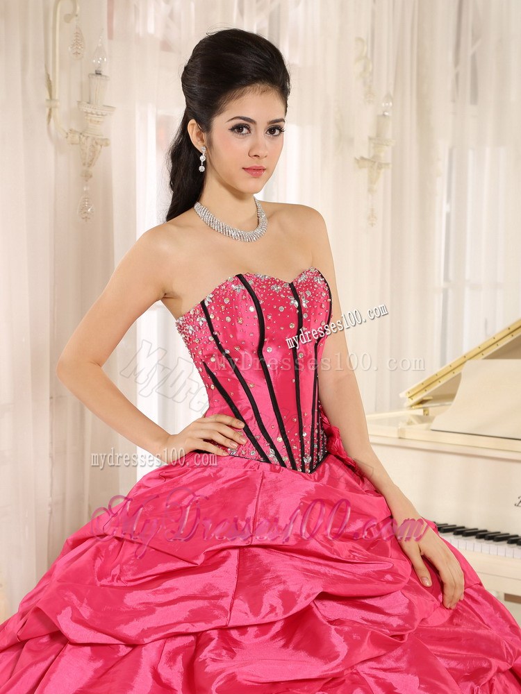 Hot Pink Beaded and Hand Flowers Quinceanera Dress With Pick-ups
