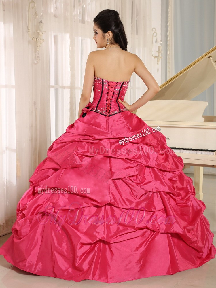 Hot Pink Beaded and Hand Flowers Quinceanera Dress With Pick-ups